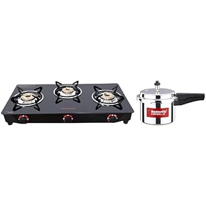 butterfly smart glass 3 burner gas stove blackampcordial radiant induction base aluminium pressure cooker with outer lid 3 litres silver