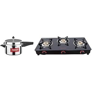 butterfly smart glass 3 burner gas stove black manual amp cordial non induction base aluminium pressure cooker with outer lid 5 litres silver