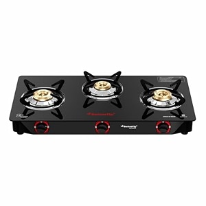 butterfly smart 3 burner glass top gas stove  manual ignition  scratch resistant toughened glass  brass burners  skid-proof legs  1 year manufacturer39s warranty  black