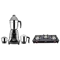 Butterfly Smart Glass 3 Burner Gas Stove, Black, Manual &amp; Cordial Induction Base Aluminium Pressure Cooker, 3 litres, Silver &amp; Jet Elite 750-Watt Mixer Grinder (Grey)