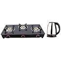 Butterfly Smart Glass 3 Burner Gas Stove, Black &amp; EKN 1.8L 1500 Watt Electric Water Kettle (Stainless Steel) Combo