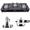Butterfly Smart Glass Open 3 Burner Gas Stove, Black&amp; Curve Stainless Steel Outer Lid Pressure Cooker, 5.5 Litre&amp; Jet Elite 750-Watt Mixer Grinder With 3 Jars (Grey)