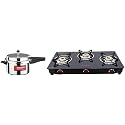 Butterfly Smart Glass 3 Burner Gas Stove, Black, Manual &amp; Cordial Non Induction Base Aluminium Pressure Cooker with Outer Lid, 5 Litres, Silver