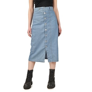 Button Side Split Denim Long Straight Skirt