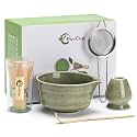 Buucup Matcha Set, Matcha Bowl with Spout, Matcha Whisk and Holder, Bamboo matcha Scoop and Stainless Sifter - 5 Pcs Jade Green Matcha Set Kit for Matcha Lover
