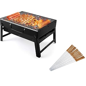 foldable portable carbon steel charcoal barbeque and tandoor grill stand  bbq for outdoor picnic camping and traveling tool with big 10 - sticks black