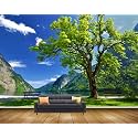 BVE2555 Bench Lake Clouds Pond Chair Mountains Water Grass Trees River HD 3D Wall Sticker[17 ft x 14 ft] / [518 cm x 427 cm]