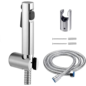 abs health faucet with ss-304 grade 15 meter flexible and spring heavy metal hose pipe and wall hook also use for shower head jet spray for toilet chrome finish