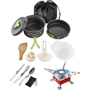 byrm camping cookware mess kit lightweight nonstick pot amp pan set with spork bowls sponge amp travel bag compact outdoor cooking gear for backpacking hiking scouts cooking 200 spoon gas