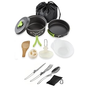 byrm camping cookware mess kit lightweight nonstick pot amp pan set with spork bowls sponge amp travel bag compact outdoor cooking gear for backpacking hiking scouts cooking ds-200 spoon