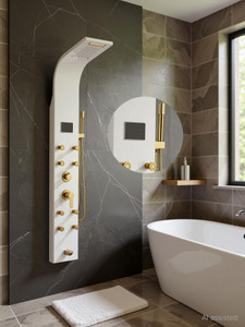 bzcarts pvd white gold led thermostatic 5-in-1 wall shower panel with mixer body jet wall mounted shower panel with mixer massage jets  handheld shower rainfall  waterfall overhead shower  multi-mode hand shower included matte finish