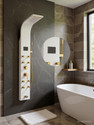 Bzcarts PVD White Gold LED Thermostatic 5-in-1 Wall Shower Panel with Mixer, Body Jet Wall Mounted Shower Panel with Mixer, Massage Jets & Handheld Shower Rainfall & Waterfall Overhead Shower | Multi-Mode Hand Shower Included