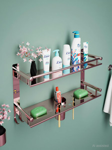 bzcarts rose gold s s 304 bathroom rack shelf organizer wall mounted accessories holder stainless steel wall shelf number of shelves - 2 maroon