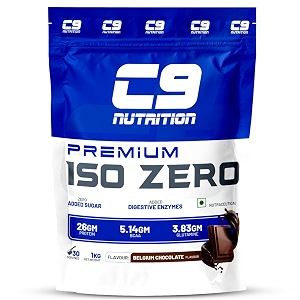 c9 nutrition iso zero whey isolate 1kg 30 serving  26gm protein  514gm bcaa  383 gm glutamine  banned substance free  gluten free  iso9001gmp certified  lab tested 1 kg belgium chocolate