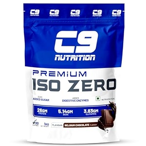 c9 nutrition iso zero whey isolate 1kg 30 serving  26gm protein  514gm bcaa  383 gm glutamine  banned substance free  gluten free  iso9001gmp certified  lab tested 1 kg belgium chocolate