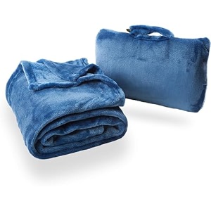 cabeau fold n go travel and throw blanket plus compact case - for home and travel - doubles as lumbar pillow and neck support pillow - french microfiber comfort - blue