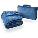 Cabeau Fold ‘n Go Travel and Throw Blanket Plus Compact Case - for Home and Travel - Doubles as Lumbar Pillow and Neck Support Pillow - French Microfiber Comfort - Blue