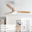 CACI Mall 52 Inch Solid Wood Ceiling Fans with Lights and Remote, Walnut, 3 Natural Wood Blades, Modern, Dimmable, Quiet, Indoor Outdoor Ceiling Fan for Patios, Living Room, Bedroom Porch, farmhouse