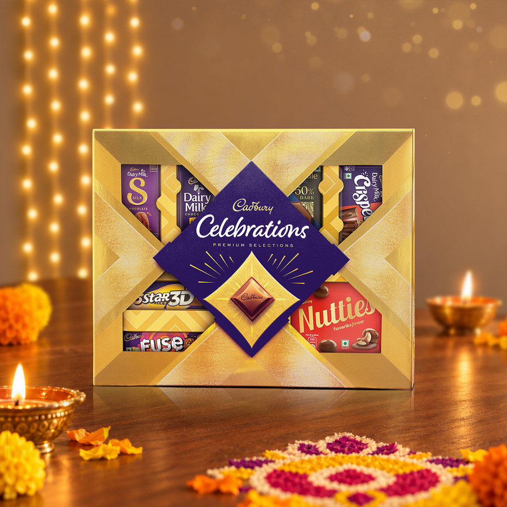 Cadbury Celebrations Premium Selections gold and purple assortment gift box; reference packaging may vary