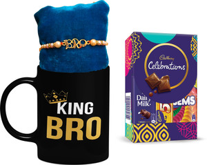 cadbury chocolate pack with king bro mug and kundan bro rakhi 1 rakhi set 1 roli tilak pack 1 celebration pack 1 rakshabandhan greet card combo gift for brother bhai sibling ceramic mug coffee mug combo set combo 3