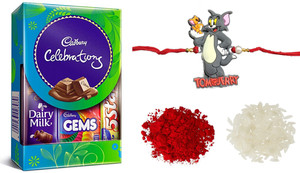 cadbury mini gift pack with attractive tom  jerry kids rakhi combo cadbury mini gift pack - 1 roli chawal - 1 tom  jerry kids rakhi - 1