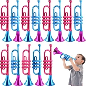 14 pieces 13 inch kids trumpet toy plastic metallic trumpet instrument trumpets noise maker toys for boys and girls birthday carnival new year parties and events 2 colors