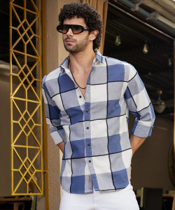 CAHOOT Men Checkered Casual Blue White Shirt