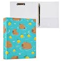 Caikeny 3 Ring Binder Cute Capybaras 1.5 Inch Binders Lemon Round Ring Clipboard with 2 Pockets for Office Supplies