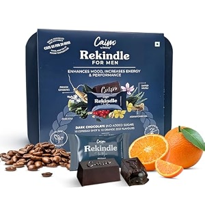 rekindle for men  ashwagandha ginseng amp safed musli  dark chocolate supplements for men  for energy stamina amp mood  caim by relang  mix orange  espresso  1x20 pc 300g