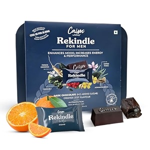 rekindle for men  ashwagandha ginseng amp safed musli dark chocolates  improves endurance amp efficiency  mood enhancer  caim by relang  brazilian orange zest  3x20 pieces900g