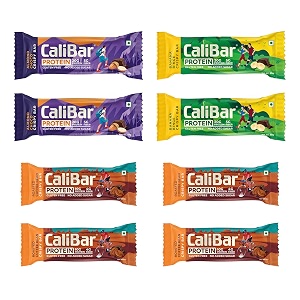 calibar 20g amp 10g protein bar - 2 almond choco 2 banana binge amp 2 roasted coffee bean pack of total 6  no added sugar gluten-free amp 5g fiber 65g x 4  40g x 2