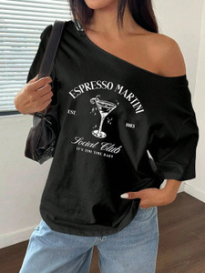 Calm Down Printed Women Round Neck Black