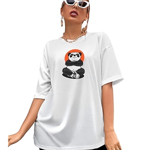 calm down round neck oversized printed pandablack tshirt for women