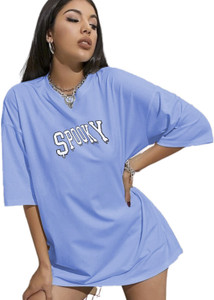 Calm Down Typography Women Round Neck Blue