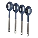 Calphalon Prime Slotted Spoon Skimmer, Stainless Steel Slotted_Spoon, Straining Spoon with Navy Silicone Head, Heat-Resistant Nonstick-Safe Kitchen Tool, Slotted Skimmer (Pack of 4)
