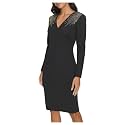 Calvin Klein Women's Long Sleeve V-Neck Rhinestone Studded Crepe Mini Dress