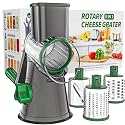Cambom Rotary Cheese Grater Hand Crank Cheese Shredder for Fresh Cheese, Vegetable, Nuts,Non-slip Suction Base, Three Blades, Gray Green