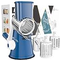 Cambom Rotary Cheese Grater Hand Crank Cheese Shredder for Fresh Cheese, Vegetable, Nuts,Non-slip Suction Base，Three Blades,Dark Blue