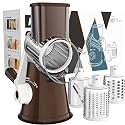 Cambom Rotary Cheese Grater Hand Crank Cheese Shredder for Fresh Cheese, Vegetable, Nuts,Non-slip Suction Base, Three Blades, Coffe Color