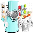 Cambom Rotary Cheese Grater Hand Crank Cheese Shredder for Fresh Cheese, Vegetable, Nuts,Non-slip Suction Base，Three Blades,Blue