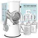 Cambom Rotary Cheese Grater Hand Crank Cheese Shredder for Fresh Cheese, Vegetable, Nuts,Non-slip Suction Base, Five Blades, White