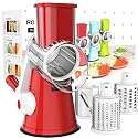 Cambom Rotary Cheese Grater Hand Crank Cheese Shredder for Fresh Cheese, Vegetable, Nuts,Non-slip Suction Base，Three Blades,Red