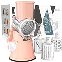 Cambom Rotary Cheese Grater Hand Crank Cheese Shredder for Fresh Cheese, Vegetable, Nuts,Non-slip Suction Base，Three Blades,Pink