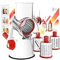 Cambom Rotary Cheese Grater Hand Crank Cheese Shredder for Fresh Cheese, Vegetable, Nuts,Non-slip Suction Base, Free Cleaning Brush Three Blades,Red White