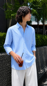 CAMBREEN Men Striped Casual Light Blue White