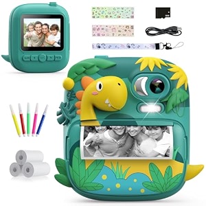 camclid kids instant print camera 1080p hd video amp 2434 screen toy camera  includes 32gb card amp print paper inkless print 16x zoom christmas birthday dinosaur gifts for boys girls age 3-12