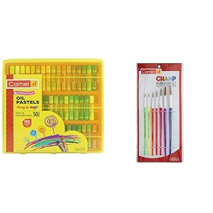 camel oil pastel with reusable plastic box - 50 shades amp camlin champ round brush set - pack of 7 multicolor