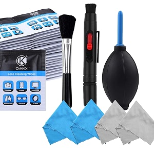 camkix camera lens cleaning kit - air blower cleaning brush 2in1 lens cleaning pen 50 individually wrapped wet tissues and 4 microfiber cloths