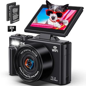 camkory 5k digital camera - 75mp digital cameras for photography - vlogging camera for youtube - autofocus video camera 334 180 flip screen with 18x zoom pink  black