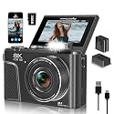 CAMKORY 8K Digital Camera, 88MP Vlogging Camera for YouTube/Photography with 3" 180° Flip Screen, Fill Light, WiFi, Filters, Beauty Features Includes 32GB SD Card &amp; 2 Batteries, Matte Black